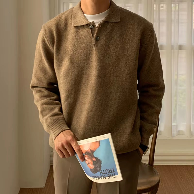 Trendy Solid Color Men'S Sweater Polo Shirts 2025 Autumn Winter New Casual Long Sleeve Knitted Jumpers Men Fashionable Sweaters