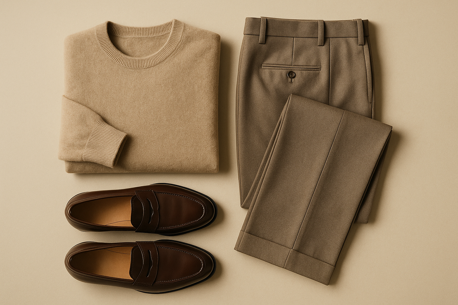 An elegant old money clothing flat lay on a neutral beige background. A cashmere sweater folded neatly beside tailored trousers and leather loafers placed with precision. Soft natural lighting, minimal shadows, timeless luxury aesthetic, refined and understated. High-end editorial photography style, seamless background, sophisticated and classy presentation