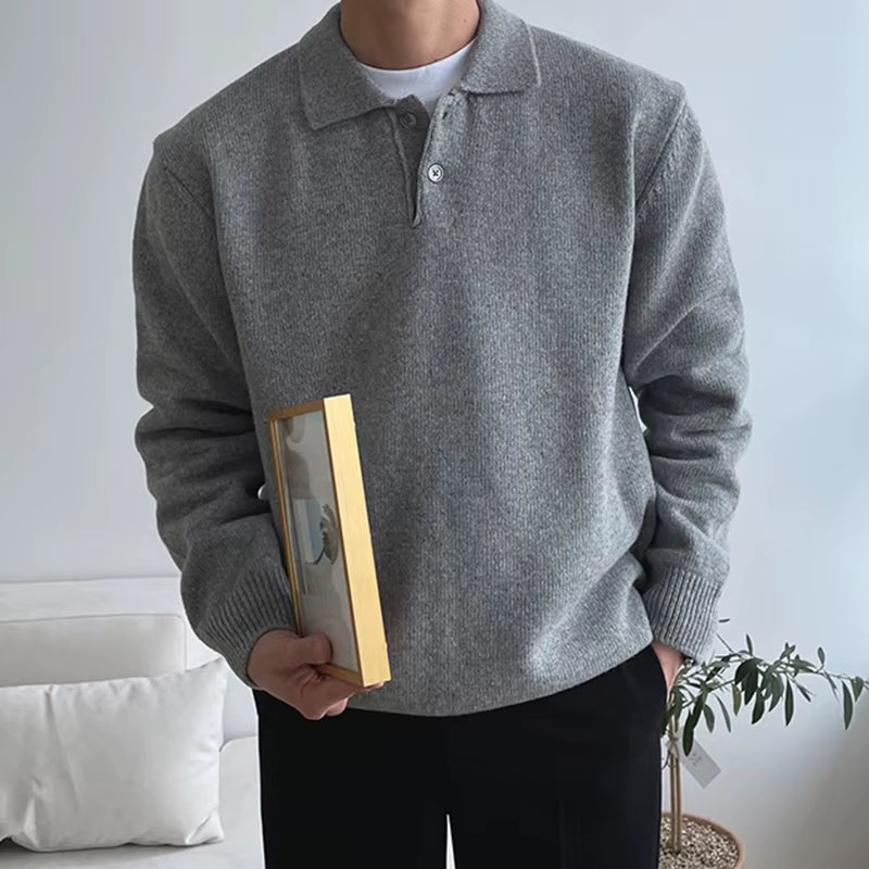 Trendy Solid Color Men'S Sweater Polo Shirts 2025 Autumn Winter New Casual Long Sleeve Knitted Jumpers Men Fashionable Sweaters
