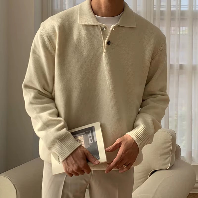 Trendy Solid Color Men'S Sweater Polo Shirts 2025 Autumn Winter New Casual Long Sleeve Knitted Jumpers Men Fashionable Sweaters